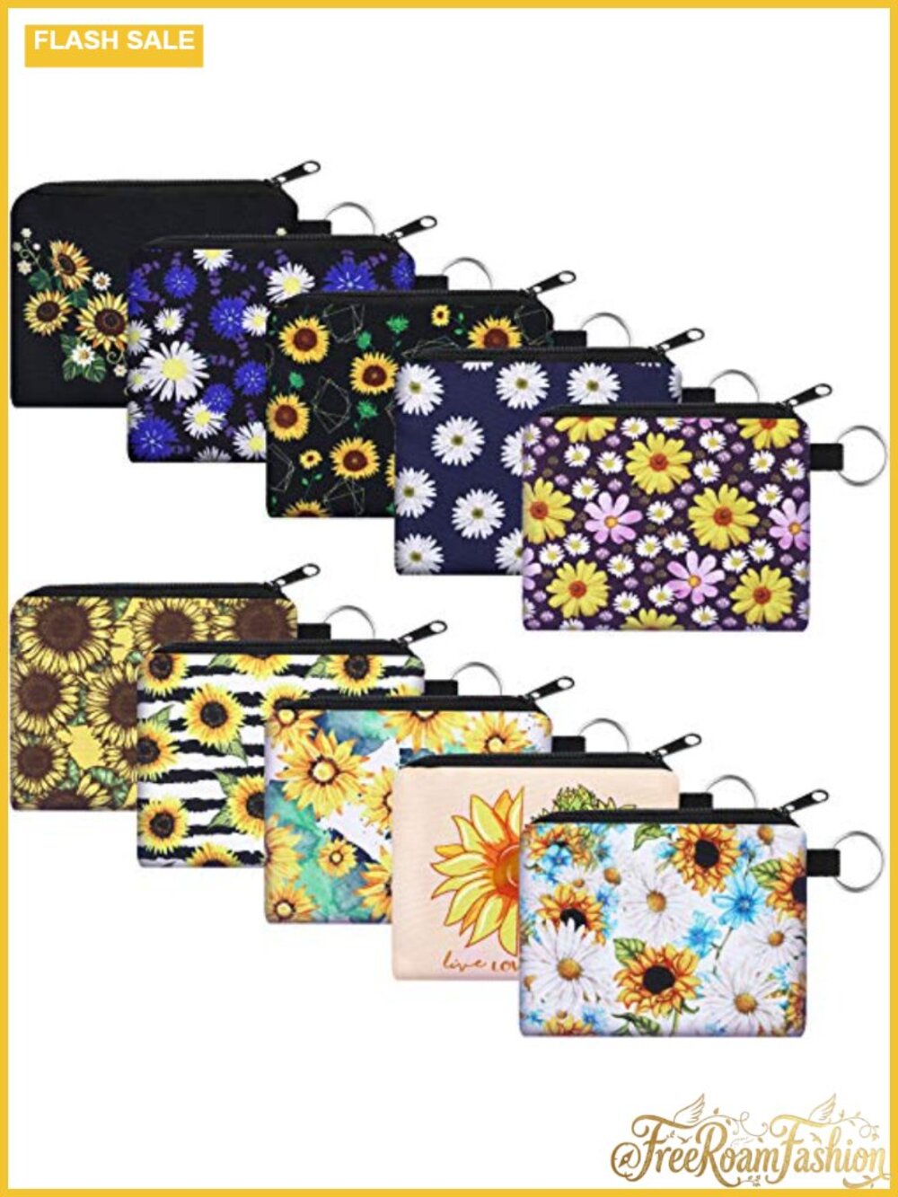 Boho Floral Coin Purse Set 10 Pc Polyester Zip Change Pouches